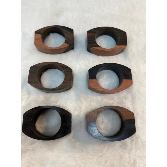 Two Tone Teak Wood Napkin Rings Set of 6 Vintage Retro MCM - Picture 5 of 7